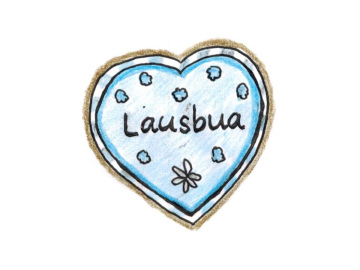 Ein gezeichnetes hellblaues Lebkuchenherz mit der Aufschrift: Lausbua